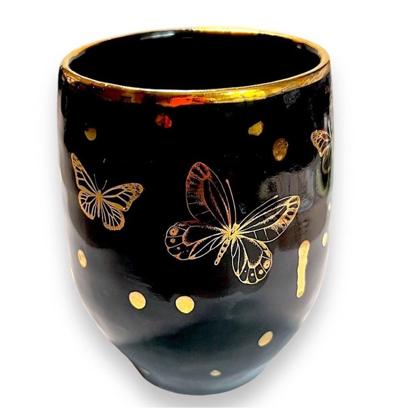 Gold Butterflies on Black Pottery Vase, Pen-Pencil or Makeup Brush Holder - Picture 11 of 11